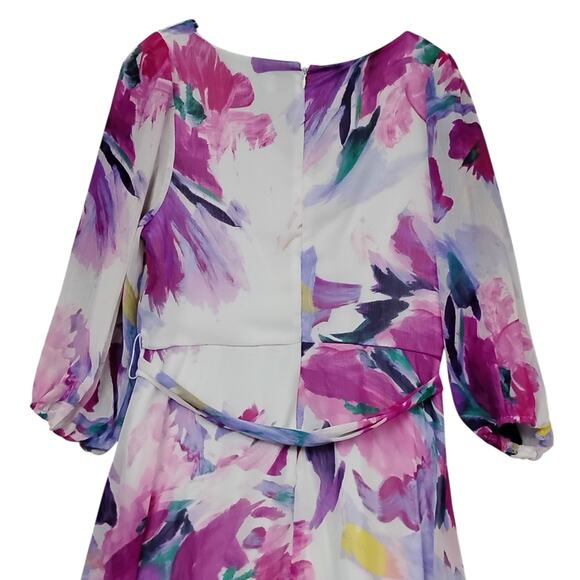 DKNY  Floral Print Balloon Sleeve Tie Waist V Neck Dress Size 12 White & Purple - Picture 8 of 14